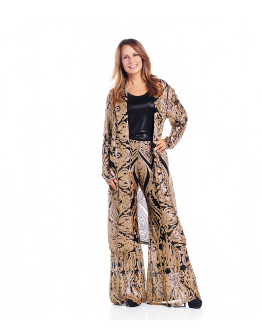 GOLD/BLACK SEQUIN DAMASK VOGUE PALAZZO PANT