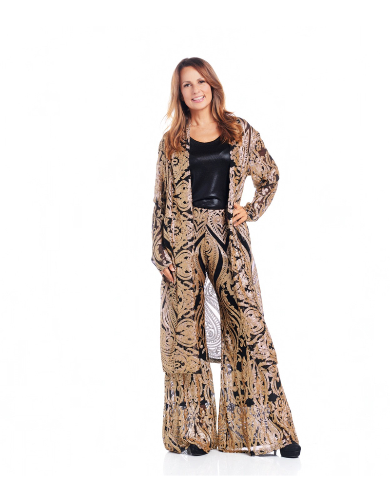 GOLD/BLACK SEQUIN DAMASK VOGUE PALAZZO PANT