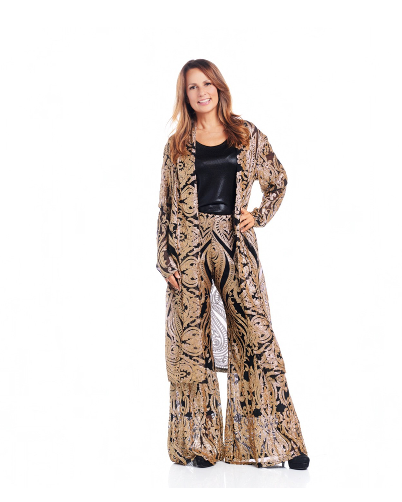 GOLD/BLACK SEQUIN DAMASK JACKET W/ POCKETS