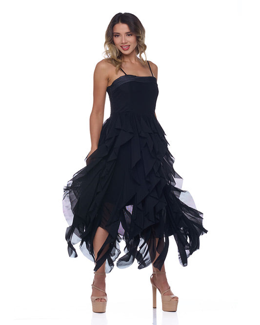 SOLID RUFFLE  MESH  DRESS
